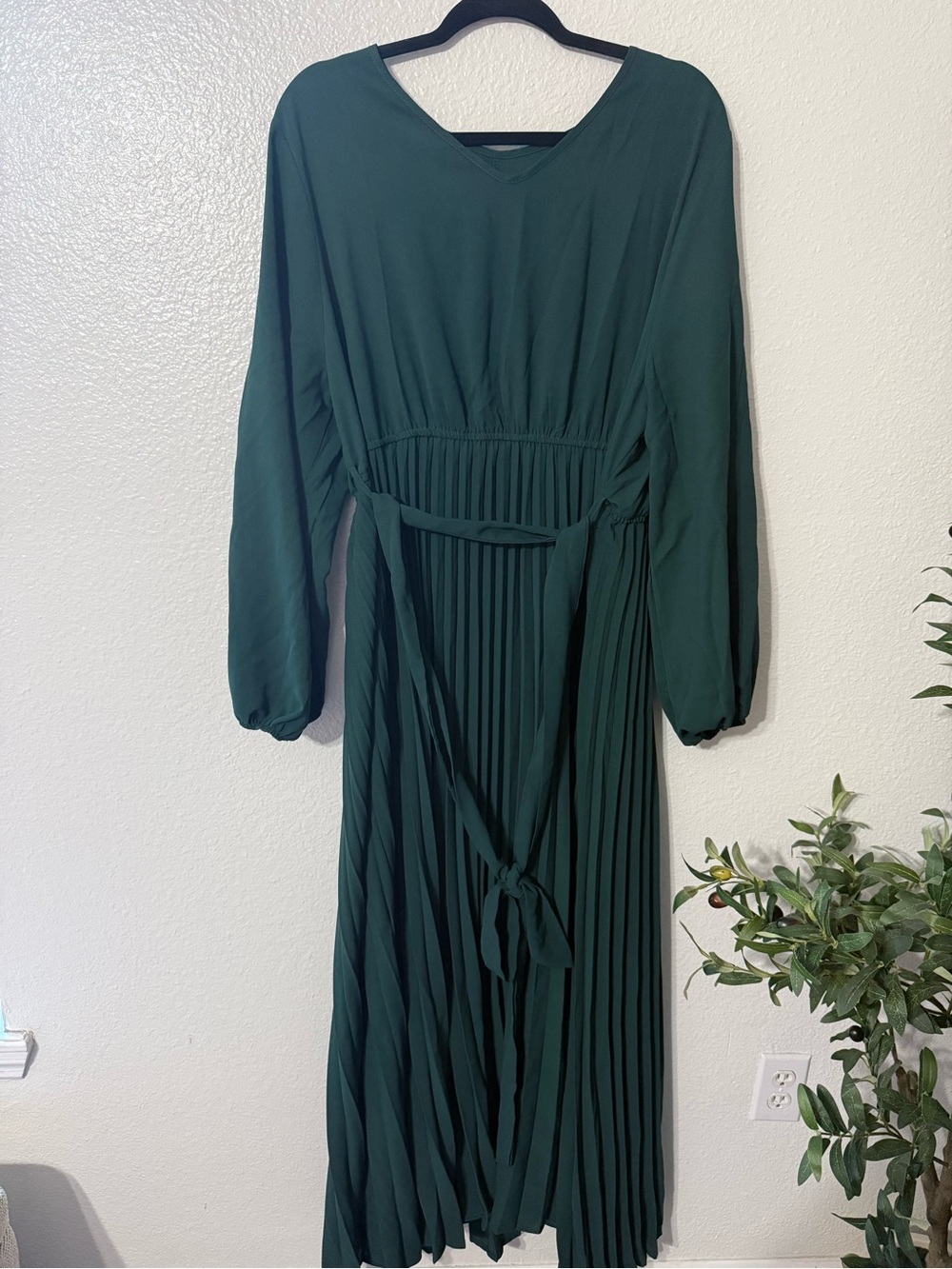 Dark Green Pleated Long Sleeve Dress